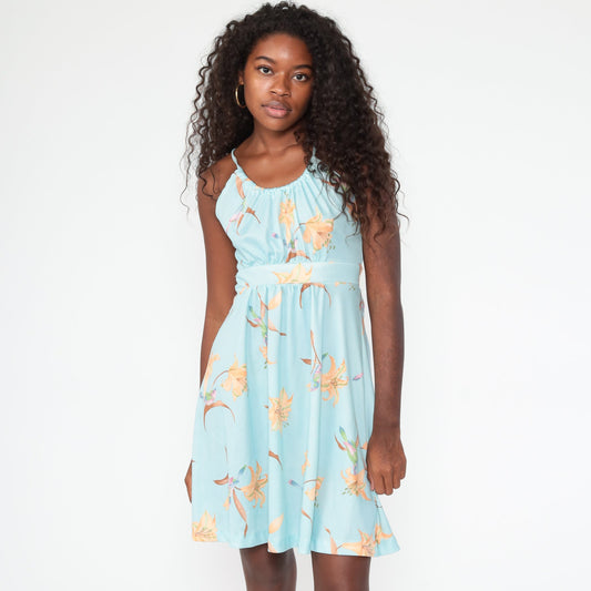 70s Tropical Floral Sun Dress Pastel Blue Criss Cross Back Mini Small Medium