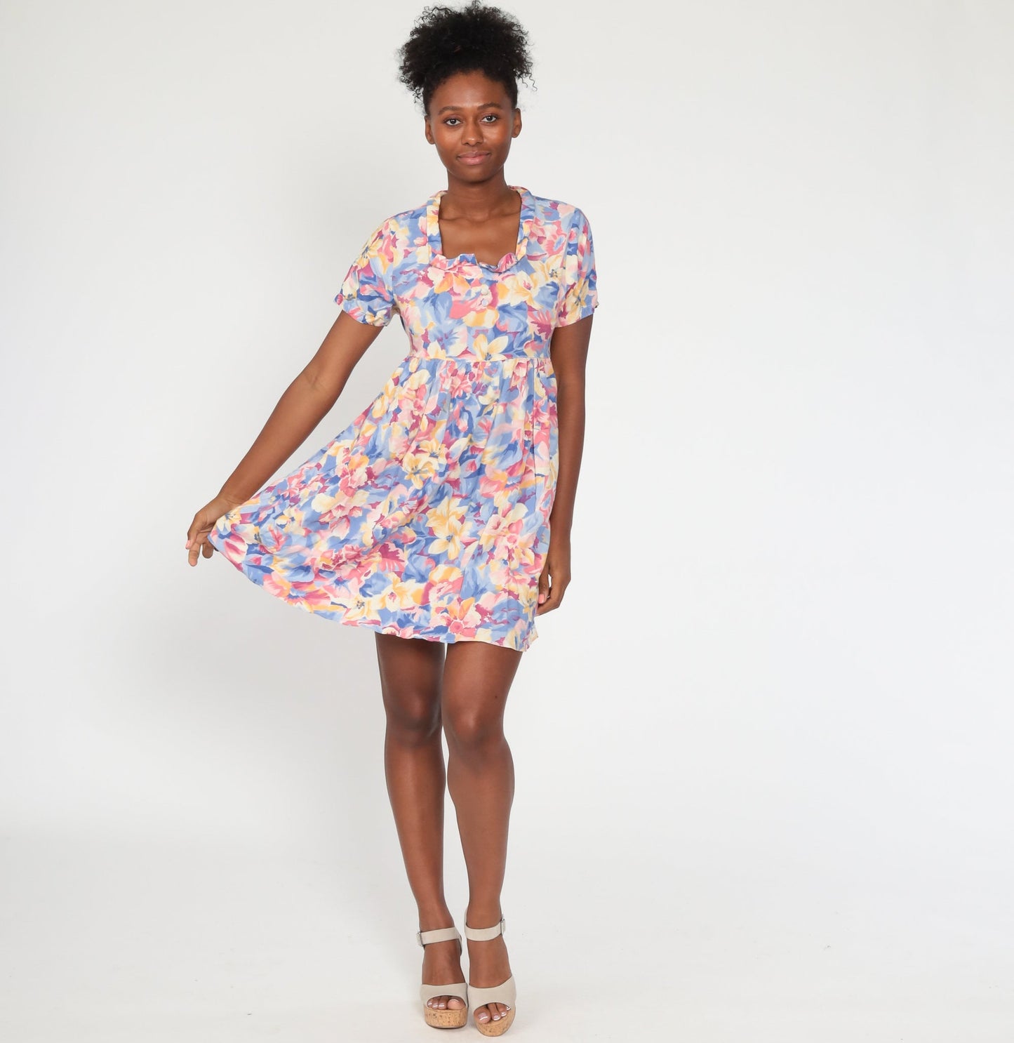 90s Floral Babydoll Dress Mini Empire Waist Short Sleeve Small