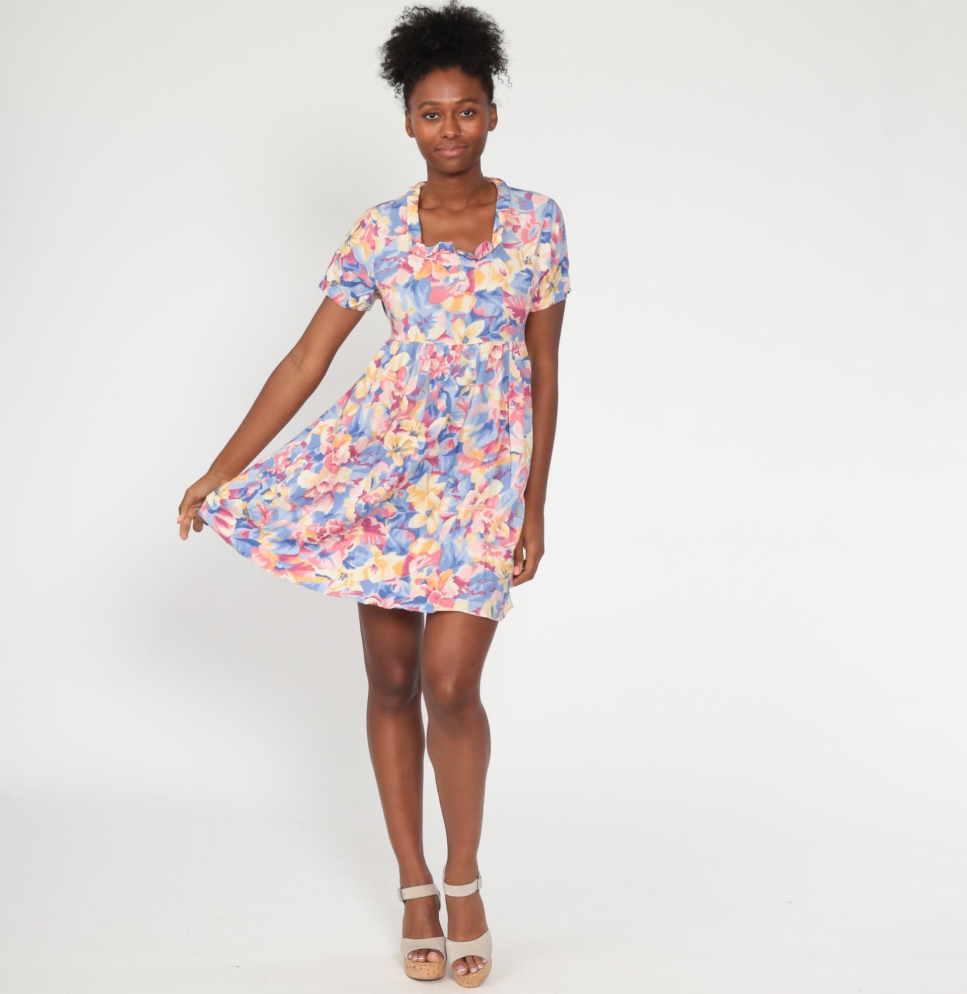 90s Floral Babydoll Dress Mini Empire Waist Short Sleeve Small