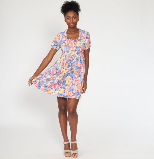 90s Floral Babydoll Dress Mini Empire Waist Short Sleeve Small