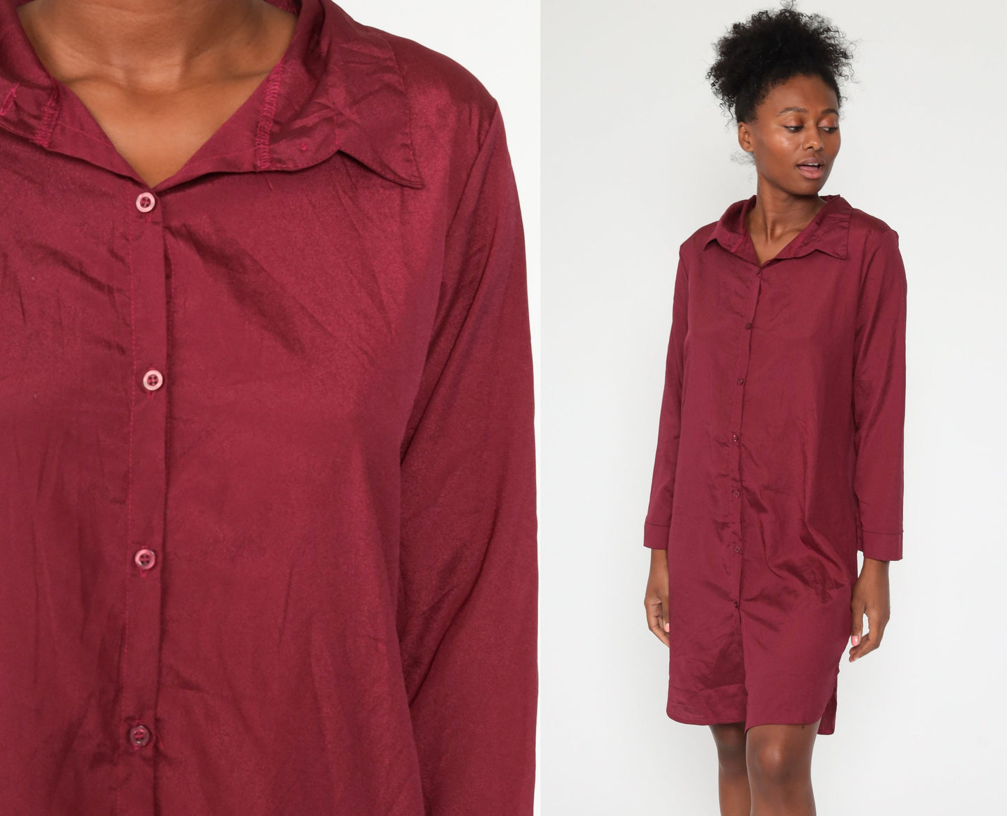 80s Burgundy Button-Up Shift Dress Long Sleeve Mini Medium