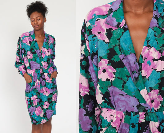 80s Pat Argenti Floral Wrap Dress Purple Midi Dolman Sleeve Medium