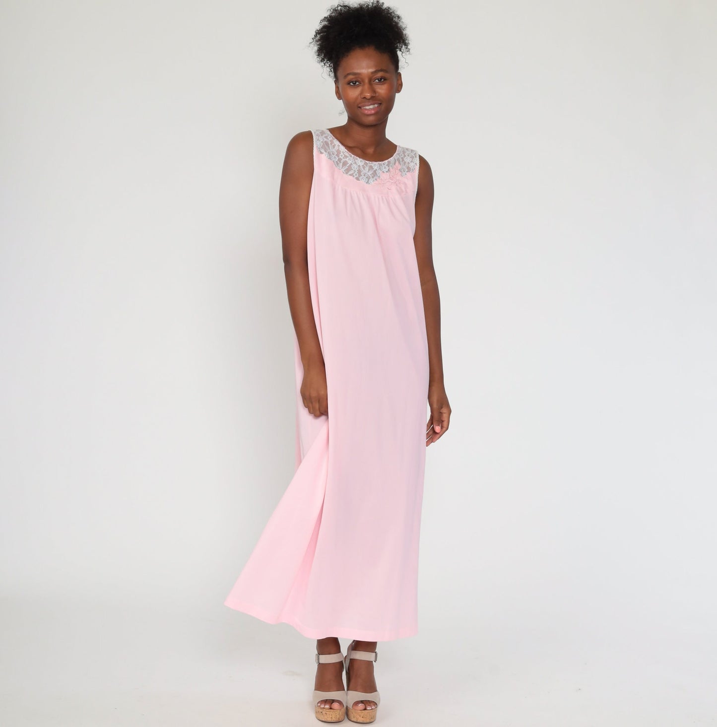 70s Baby Pink Nylon Lace Nightgown Sleeveless Maxi Slip Dress Large
