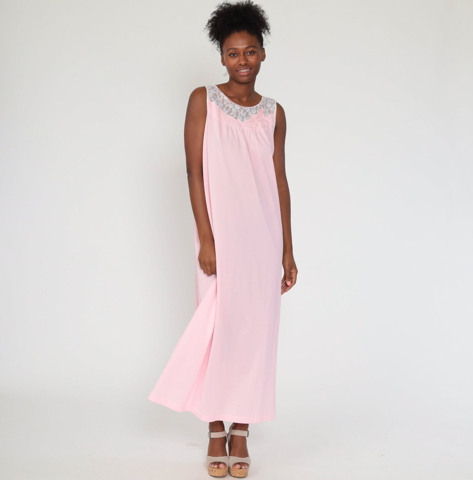 70s Baby Pink Nylon Lace Nightgown Sleeveless Maxi Slip Dress Large