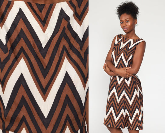1970s Zigzag Striped Midi Dress Brown Black High Waist Sleeveless Small