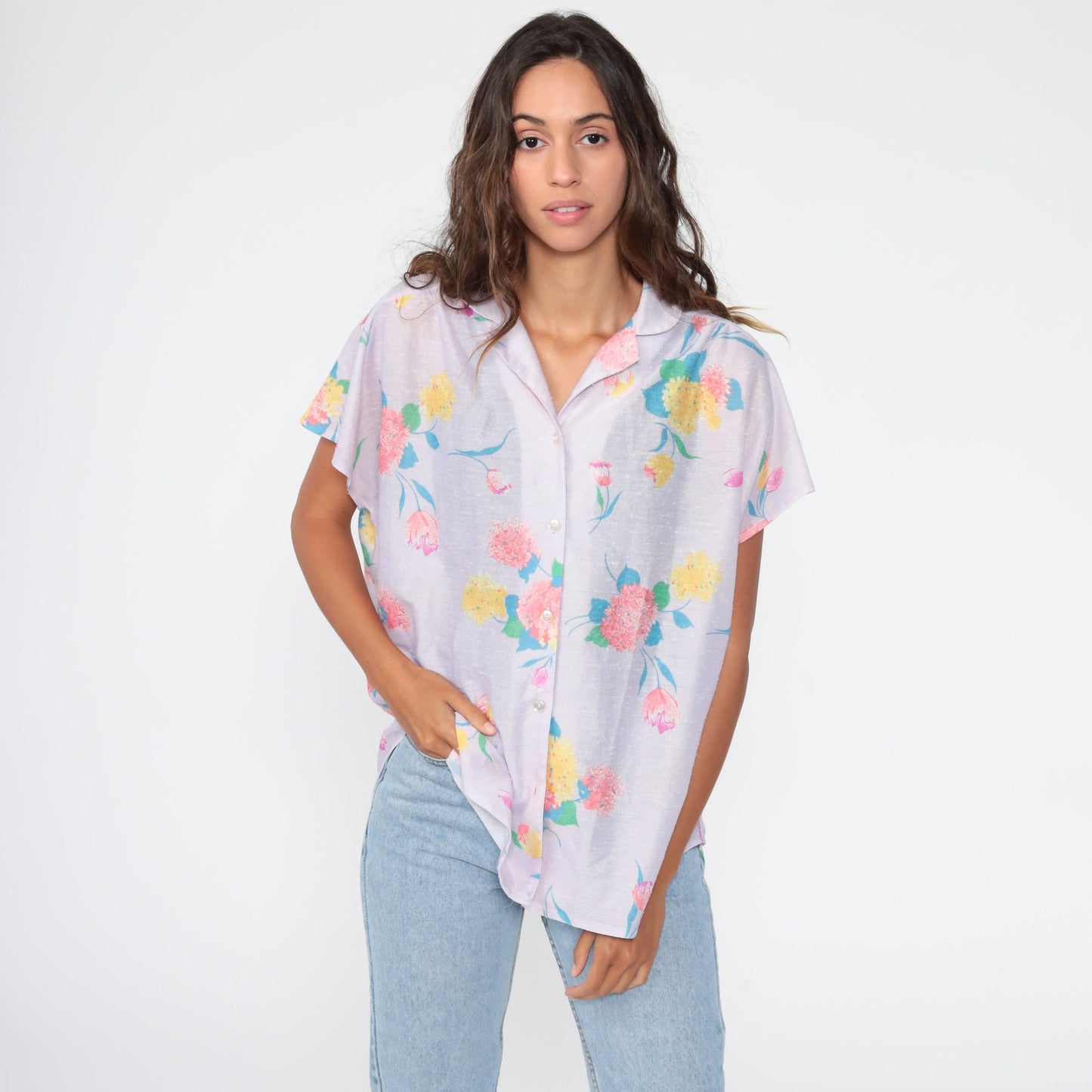 80s Lavender Floral Button-Up Blouse Short Sleeve Semi-Sheer Purple Top Large