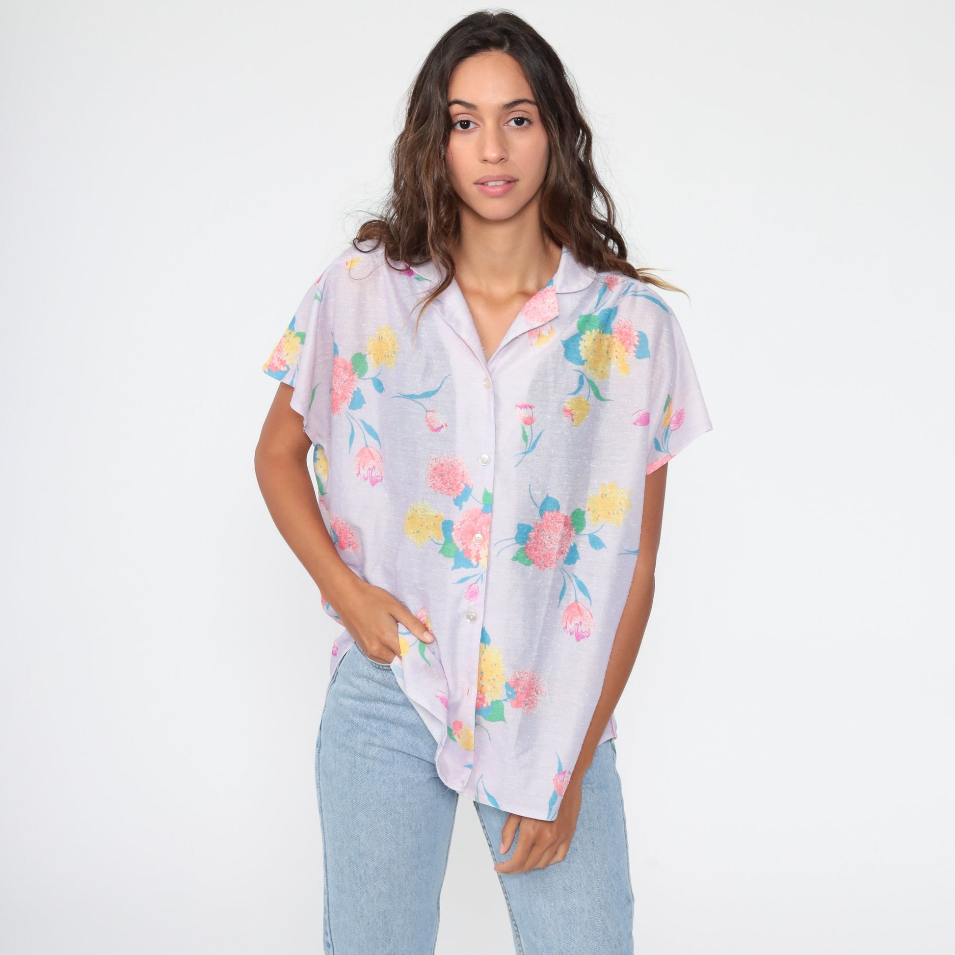 80s Lavender Floral Button-Up Blouse Short Sleeve Semi-Sheer Purple Top Large