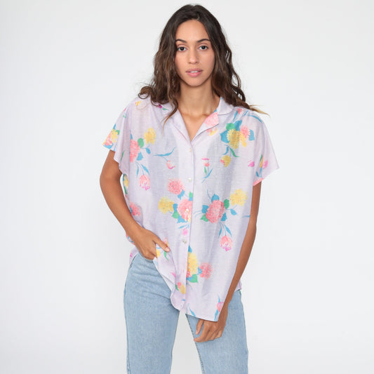 80s Lavender Floral Button-Up Blouse Short Sleeve Semi-Sheer Purple Top Large