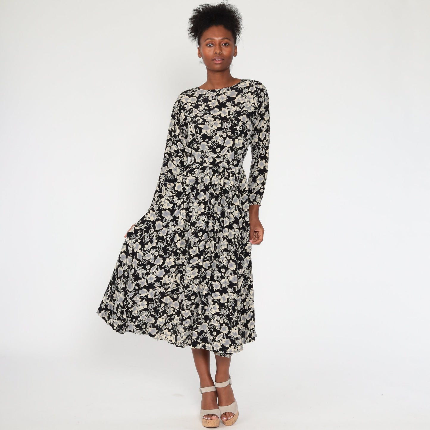 80s Black Floral Midi Dress Button Back Long Sleeve High Waisted Extra Small