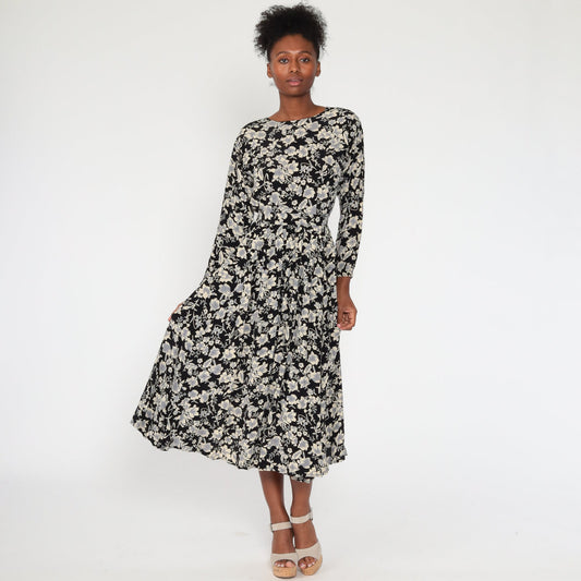 80s Black Floral Midi Dress Button Back Long Sleeve High Waisted Extra Small