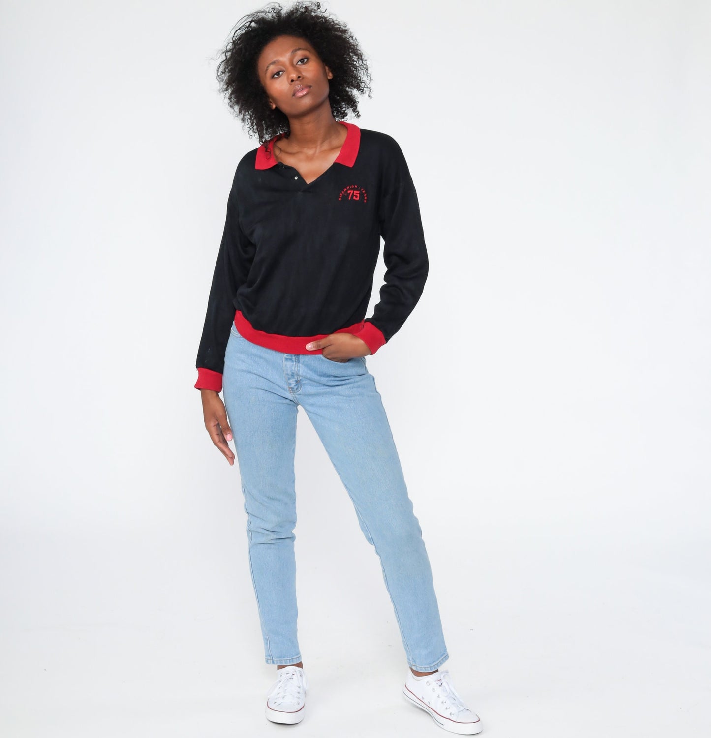 80s Champion Team 75 Black Half-Button Sweatshirt Small Medium
