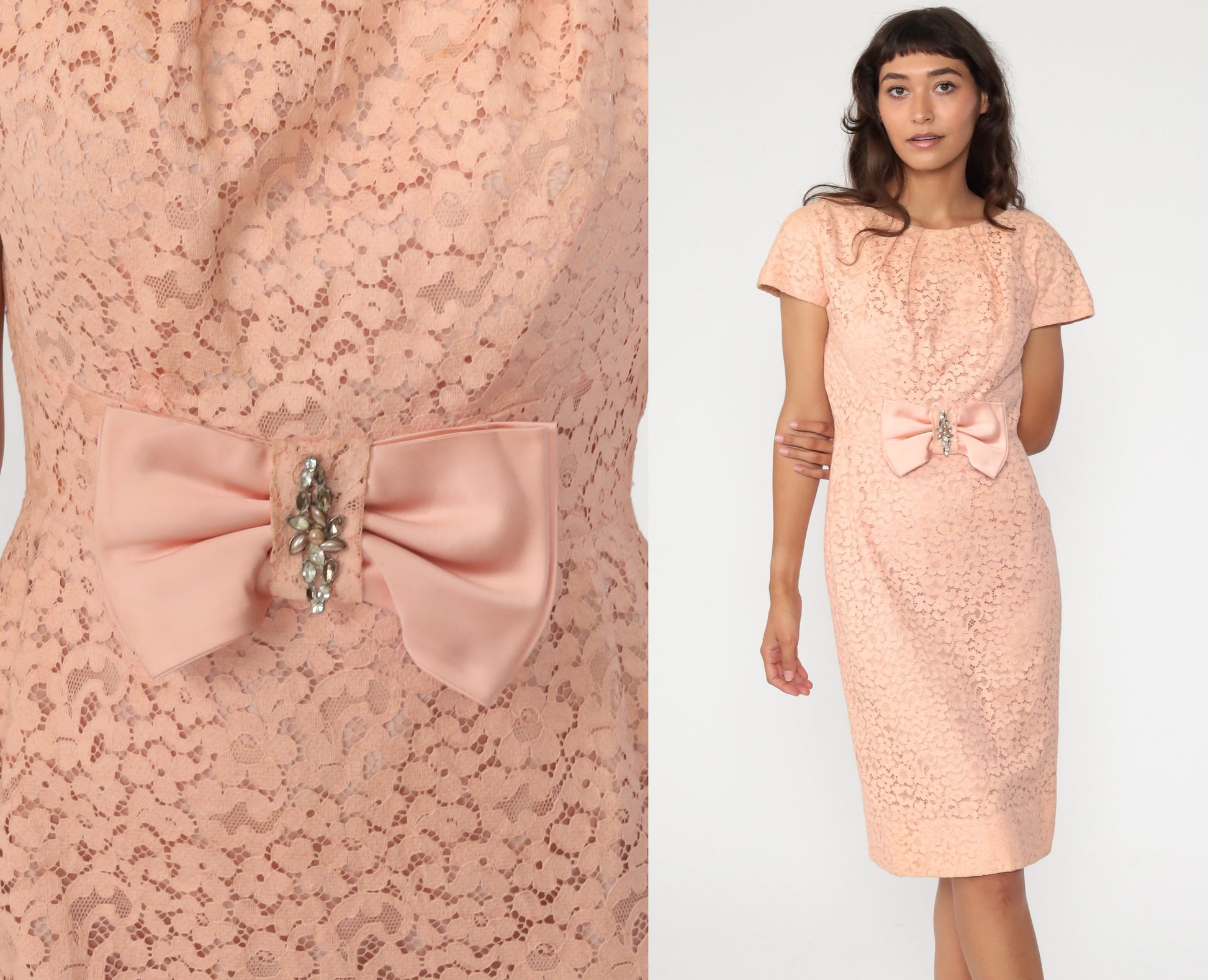 1960s Pink Lace Cocktail Dress Bow Neckline Knee-Length Sheath Small