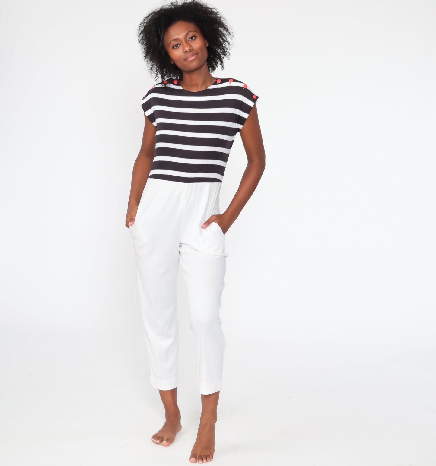 80s White Nautical Striped Jumpsuit Cap Sleeve Tapered Legs Small