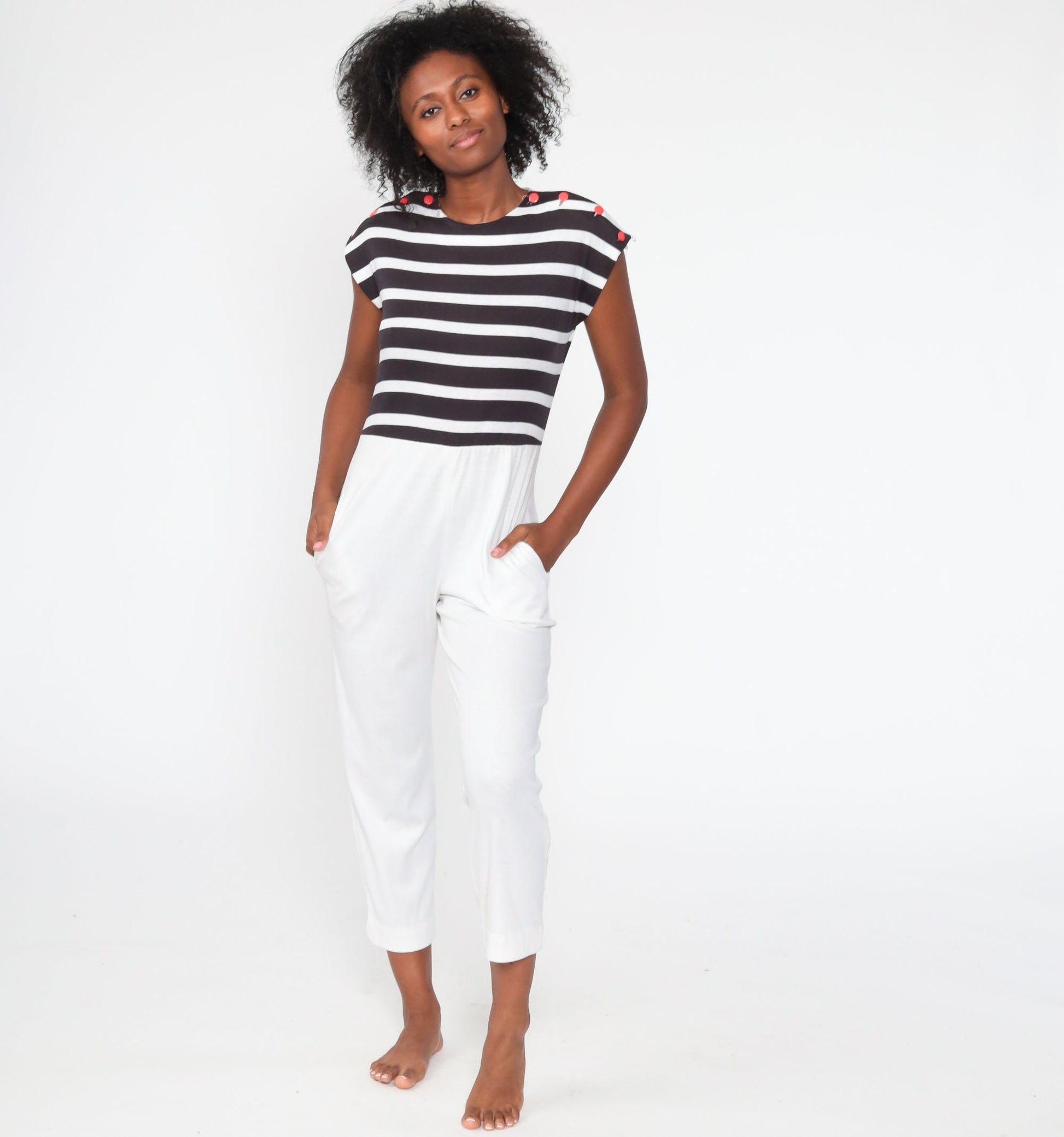 80s White Nautical Striped Jumpsuit Cap Sleeve Tapered Legs Small
