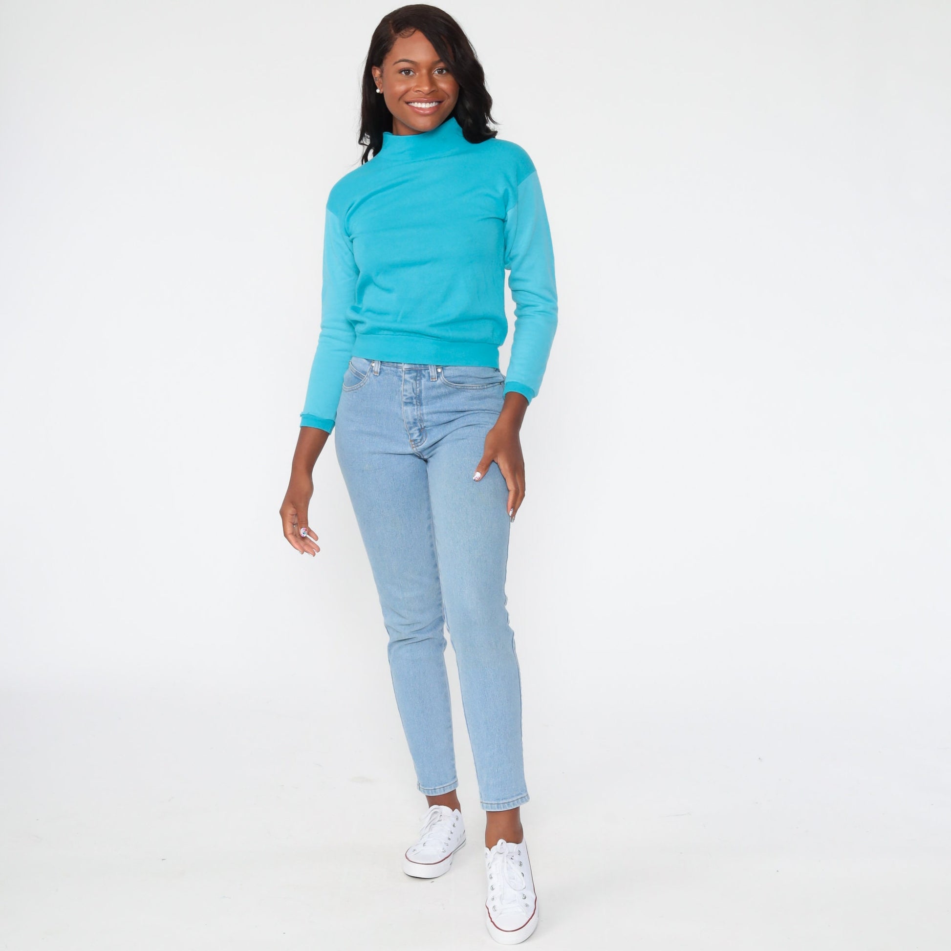 80s Turquoise Mock Neck Sweatshirt Acrylic Long Sleeve Extra Small XS