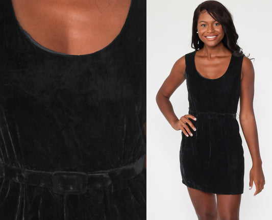 60s Black Velvet Mini Dress Sleeveless High Waist Belted Cocktail Extra Small