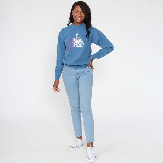 80s Seattle Space Needle Washington Graphic Sweatshirt Blue Extra Small