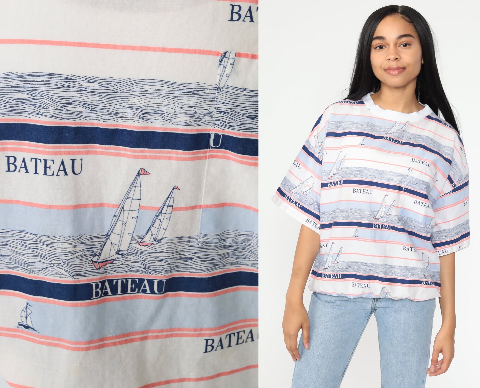 80s Bateau Boat Sailboat Striped Sailor Graphic T-Shirt White Cotton Medium