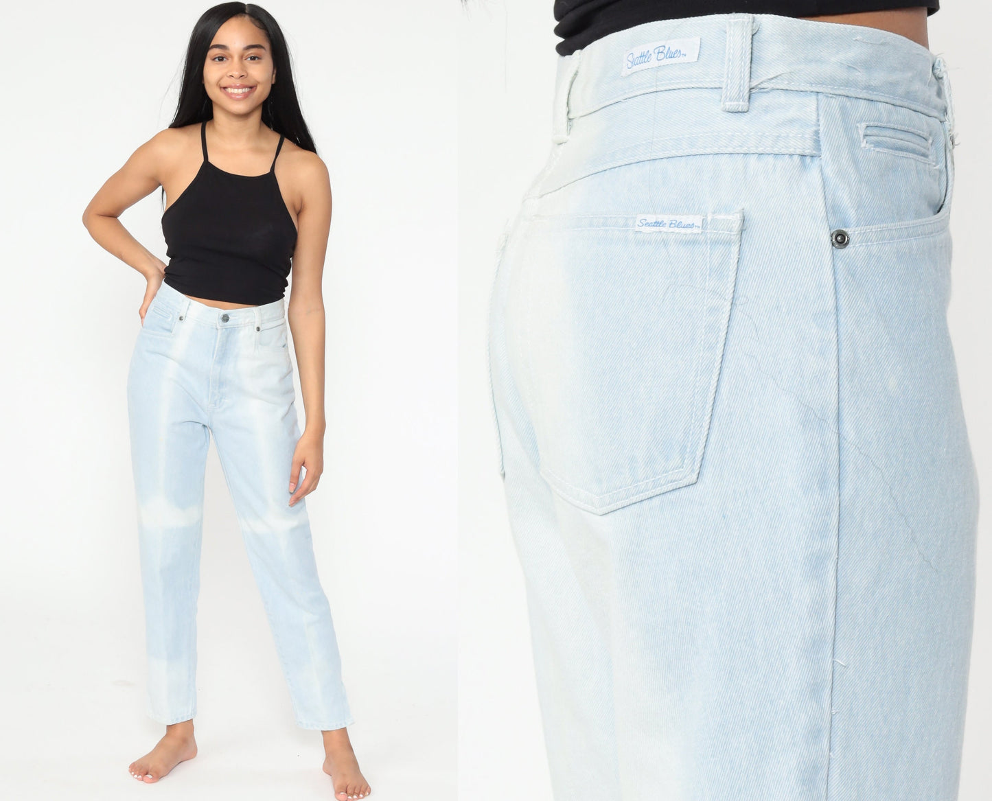 90s Bleach Dyed High Waist Jeans Light Blue Slim Ankle Zipper Small