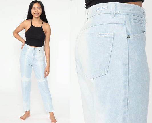 90s Bleach Dyed High Waist Jeans Light Blue Slim Ankle Zipper Small