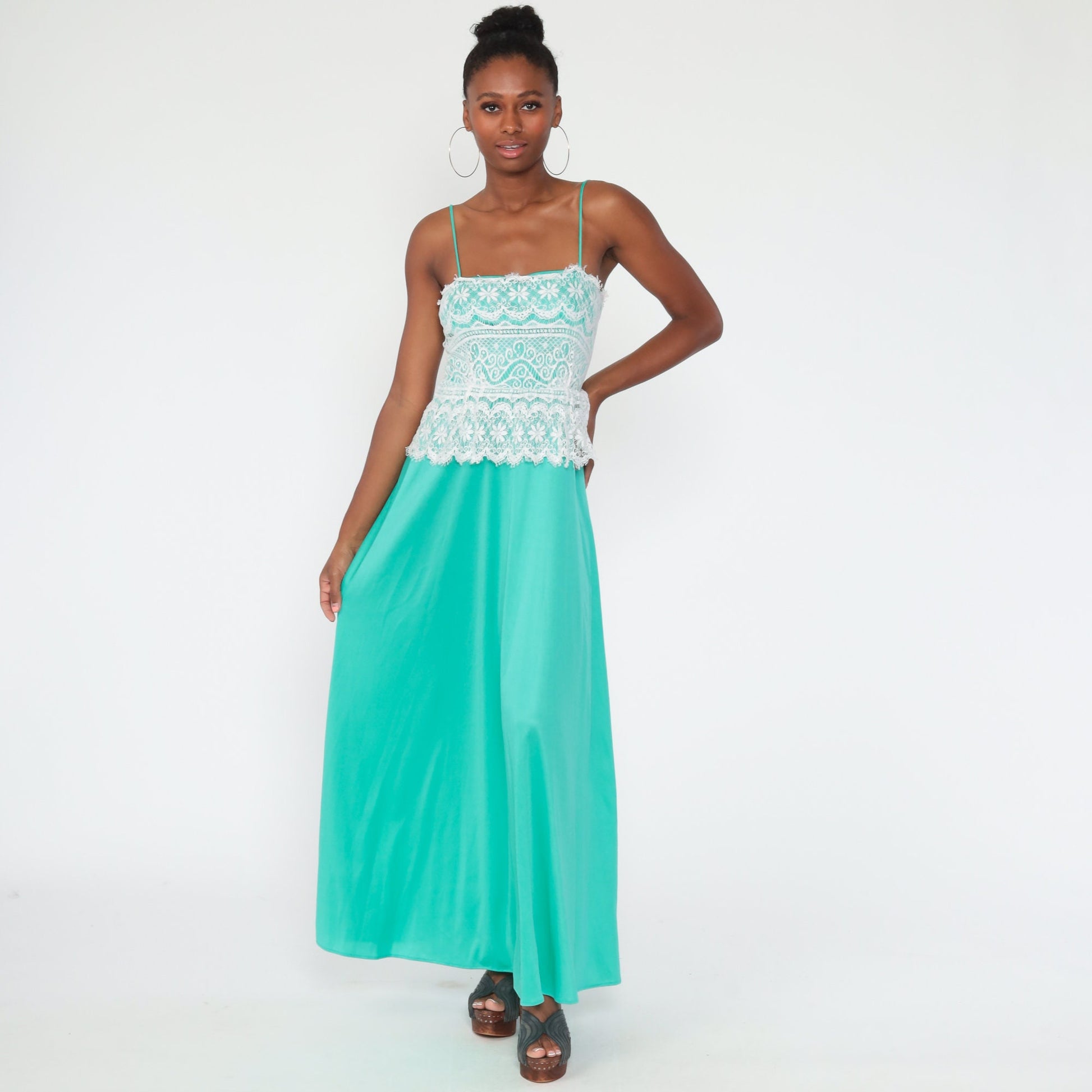 70s Green Lace Maxi Dress Spaghetti Strap Low Waist Extra Small