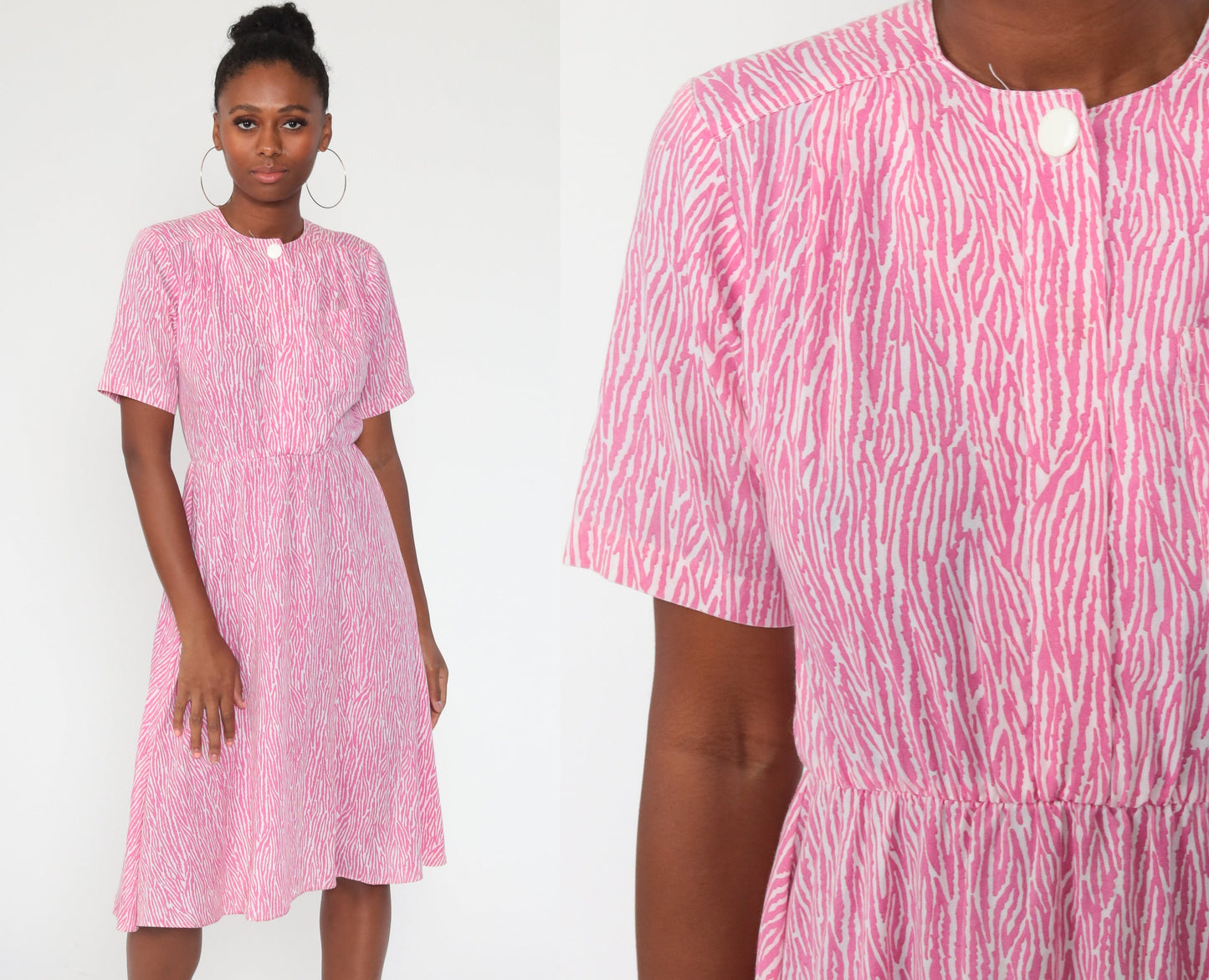70s Tiger Stripe Print Midi Shirtdress Pink High Waist Button Up Small