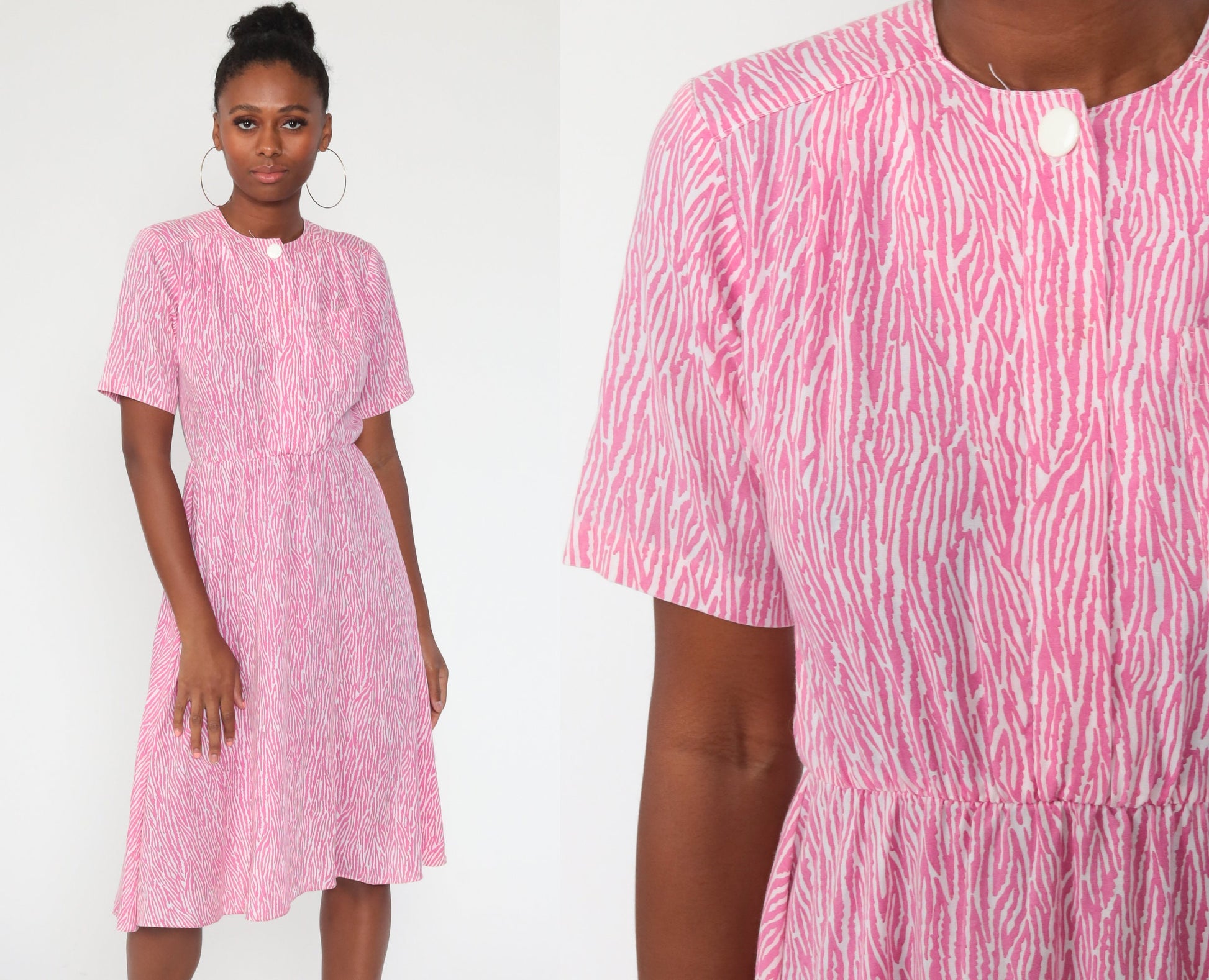 70s Tiger Stripe Print Midi Shirtdress Pink High Waist Button Up Small