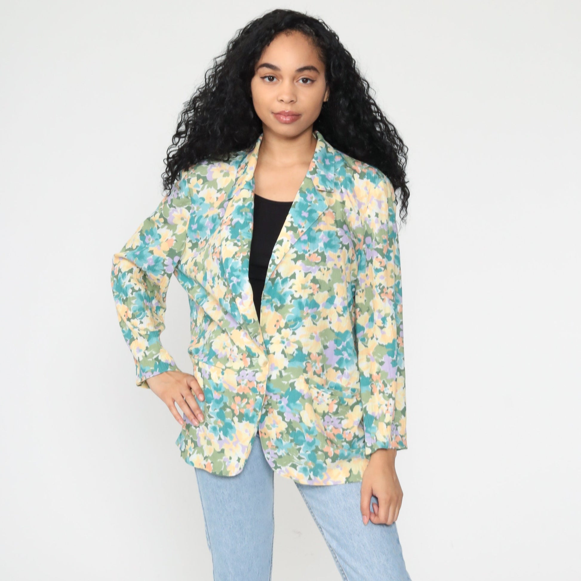 80s Koret Floral Blazer Jacket Pastel Yellow Blue Medium Large