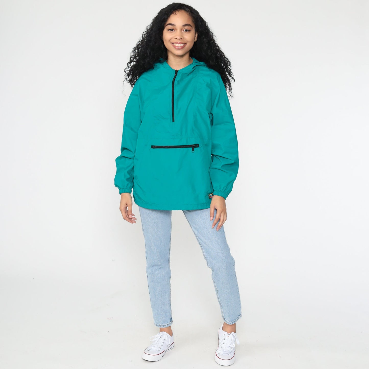 LL Bean Teal Hooded Windbreaker Half-Zip Pullover Jacket 90s Medium