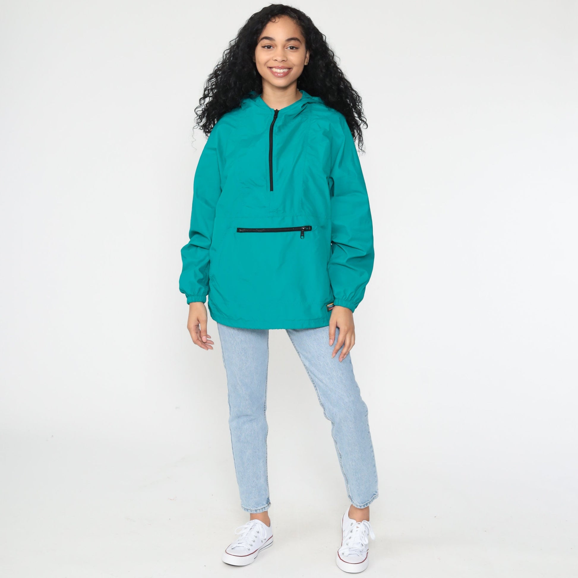 LL Bean Teal Hooded Windbreaker Half-Zip Pullover Jacket 90s Medium