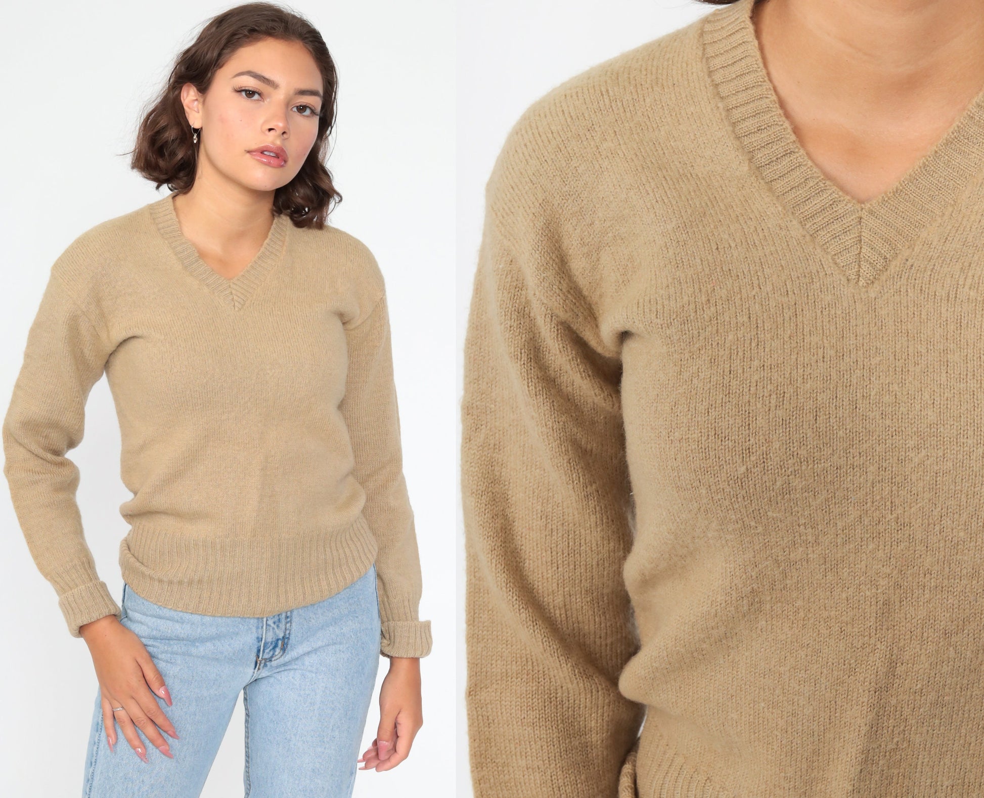 80s Wool V-Neck Sweater Tan Pullover Knit Extra Small XS