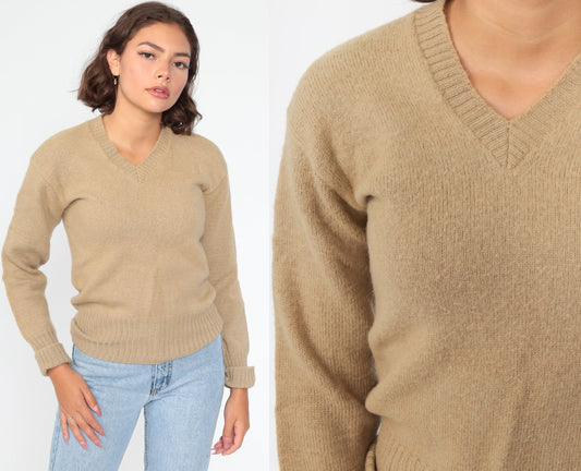 80s Wool V-Neck Sweater Tan Pullover Knit Extra Small XS