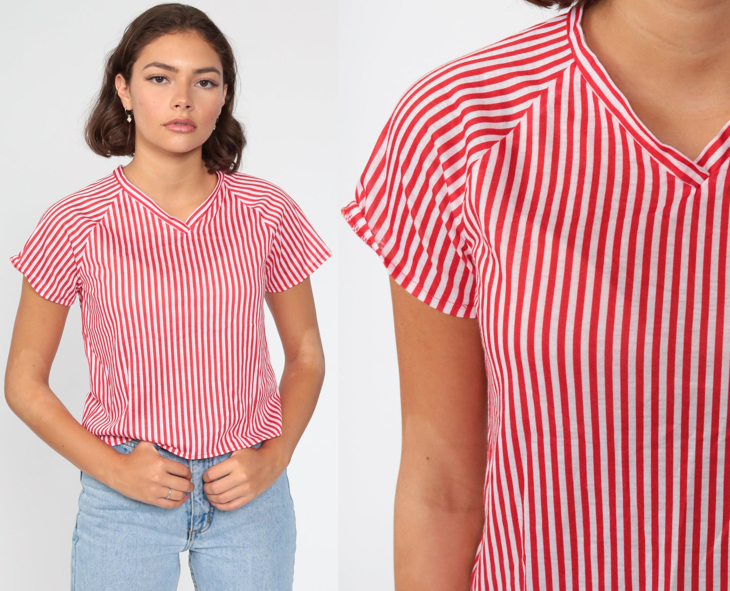 80s Red White Striped V-Neck Raglan Sleeve Top Extra Small