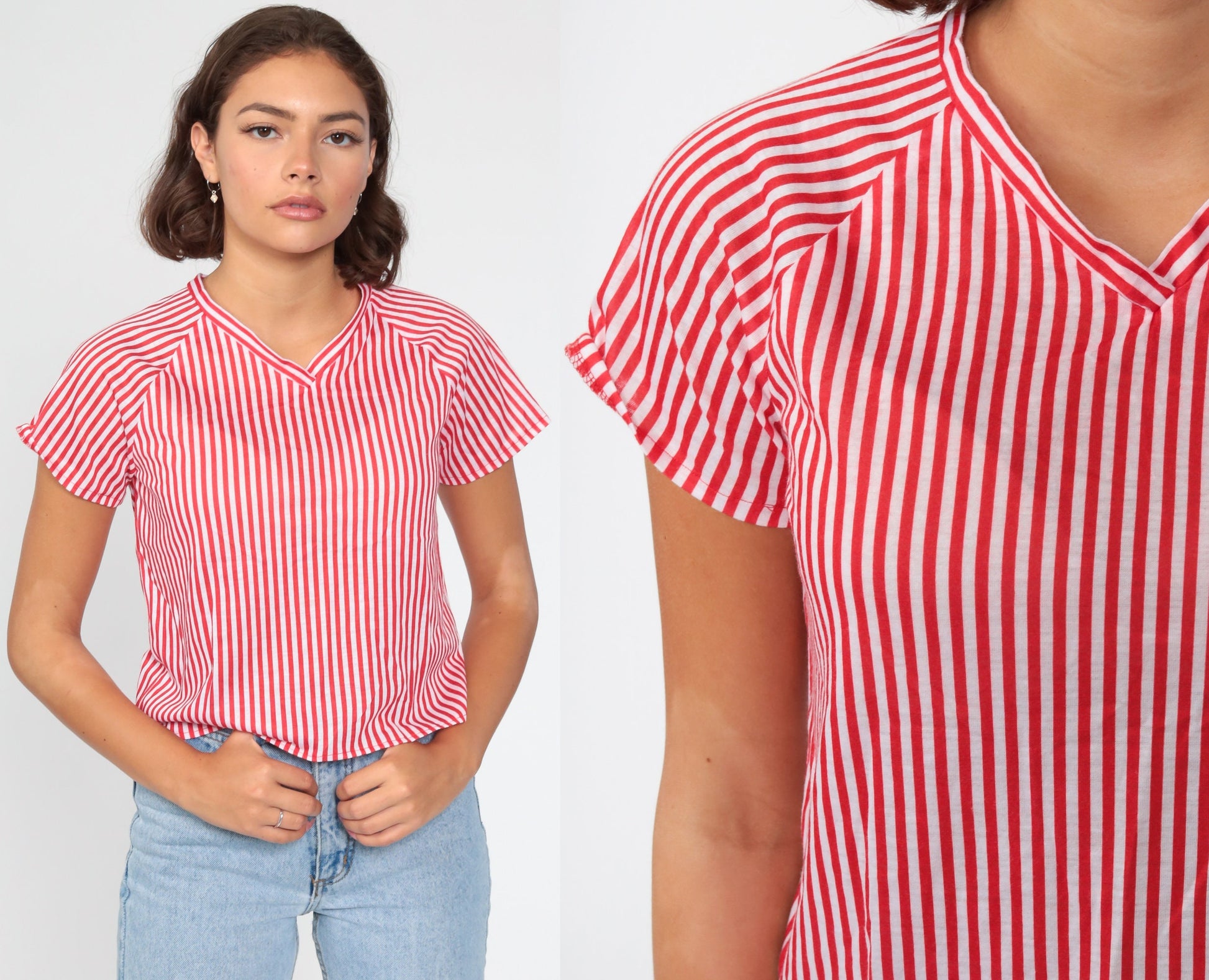 80s Red White Striped V-Neck Raglan Sleeve Top Extra Small