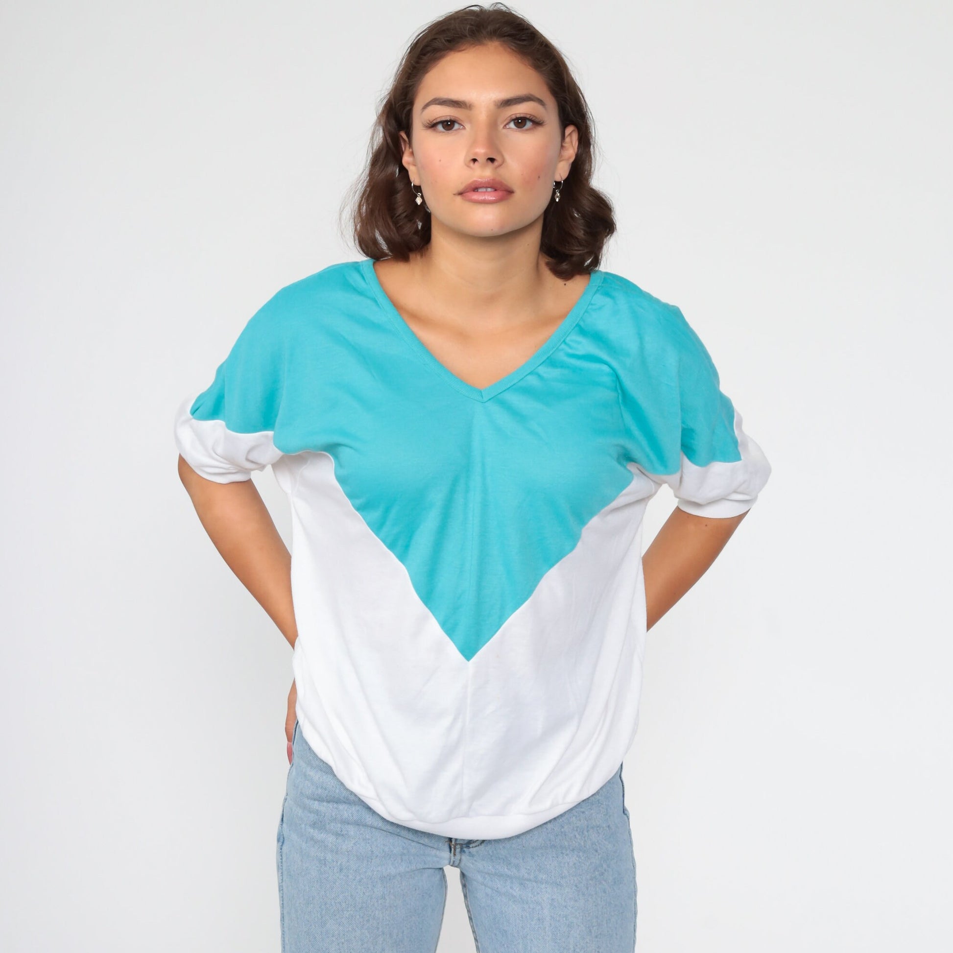 80s Turquoise White Color Block Dolman Sleeve V-Neck Top Large