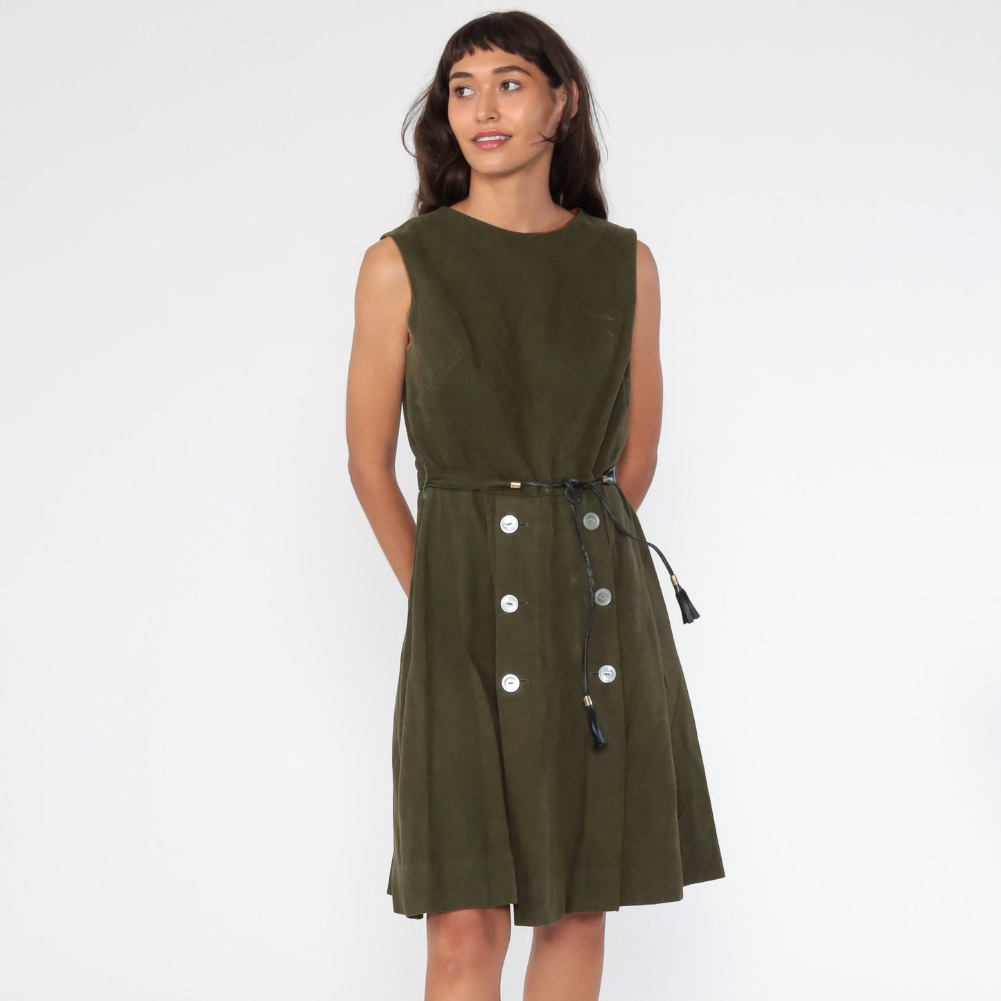 60s Mod Mini Dress Olive Green Faux Suede High Waist Sleeveless Small