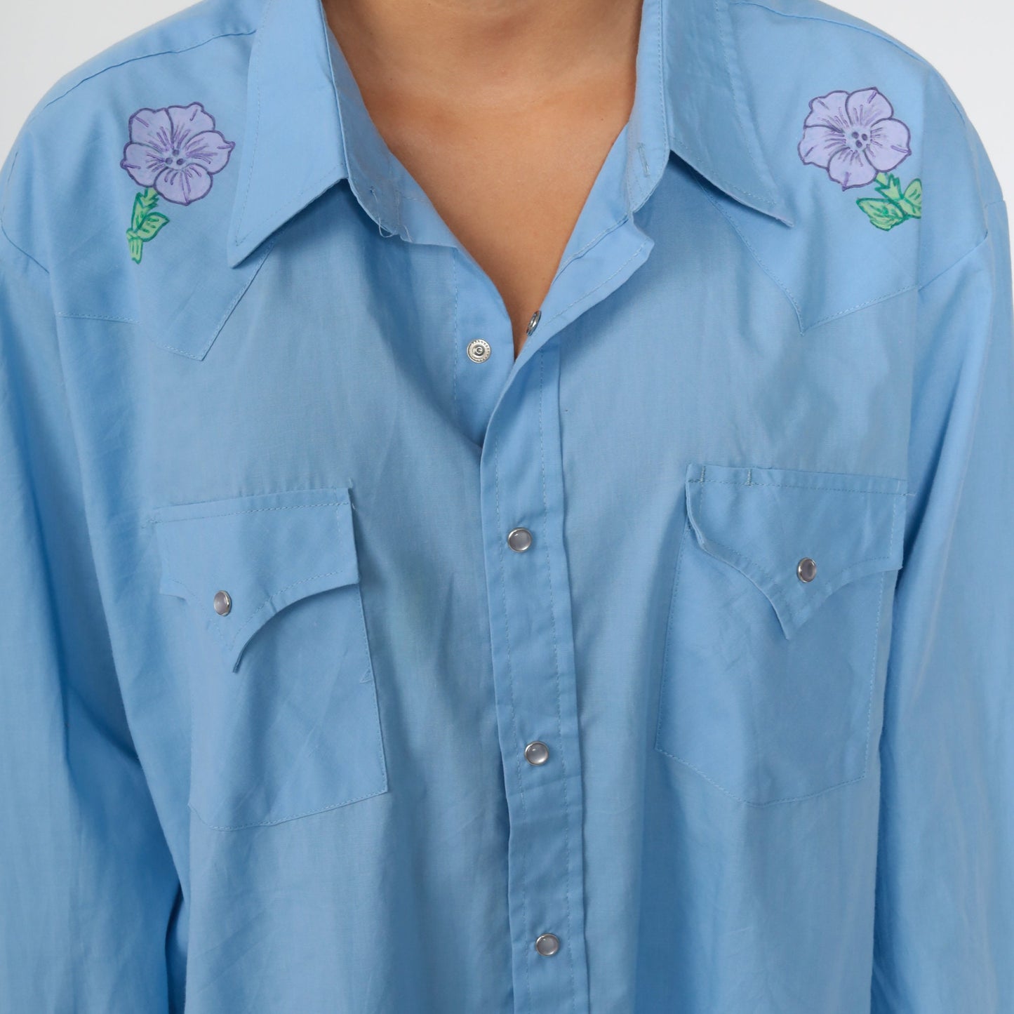 70s Western Pearl Snap Shirt Blue Deer Floral Hand Drawn Cotton Large