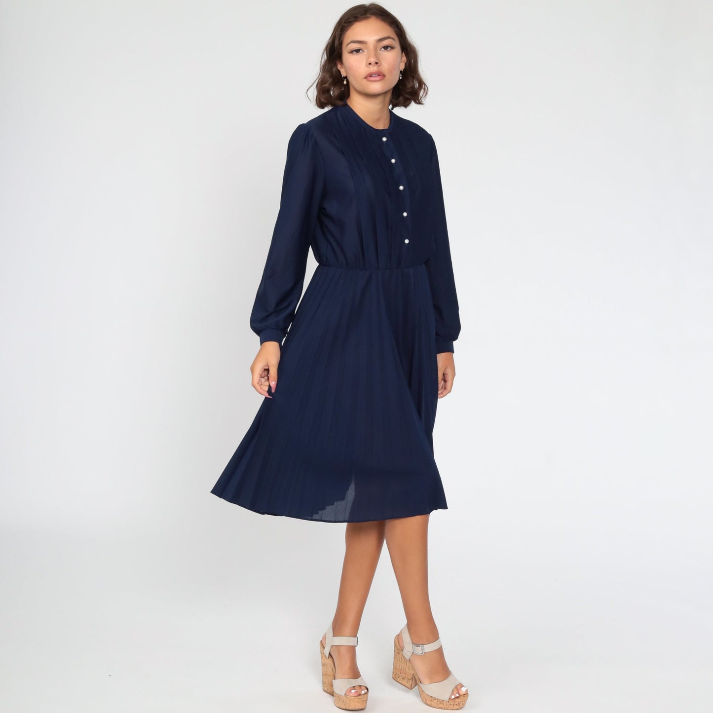80s Navy Puff Sleeve Midi Dress High Waist Pleated Elastic Waist Medium