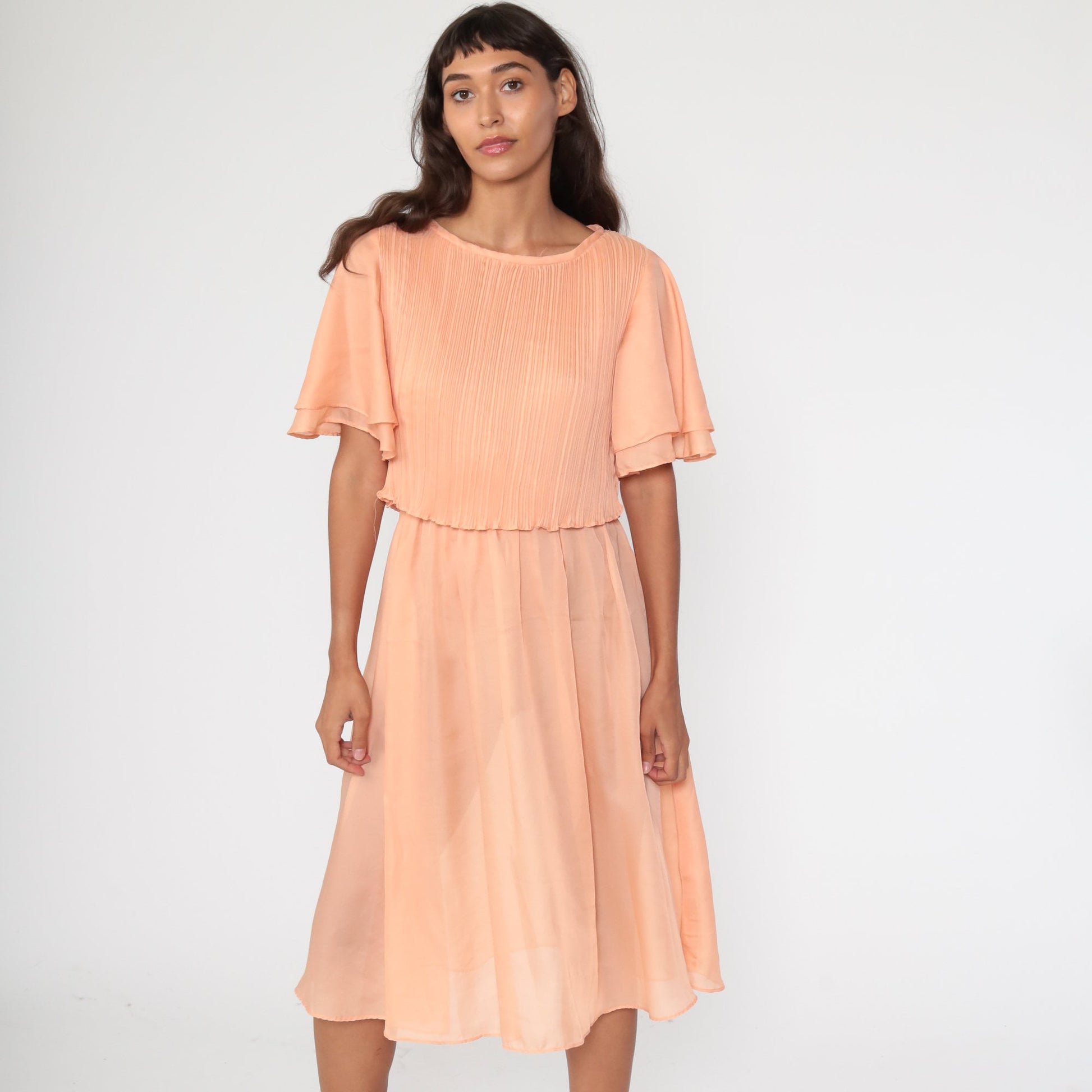 70s Orange Grecian Midi Dress Flutter Sleeve High Waist Small