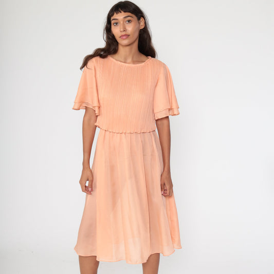 70s Orange Grecian Midi Dress Flutter Sleeve High Waist Small