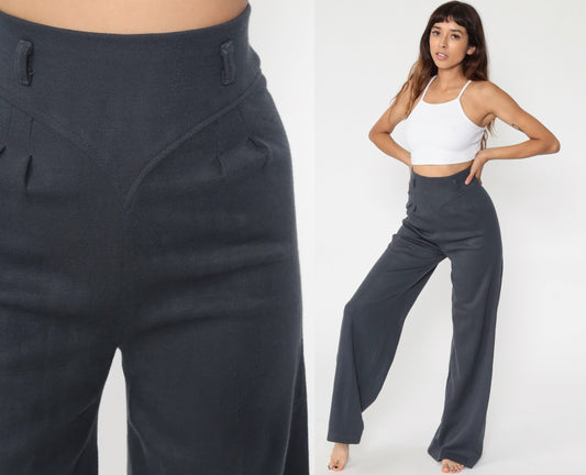 70s Grey Bell Bottom Pants High Waist Wide Leg Knit Trousers Extra Small XS