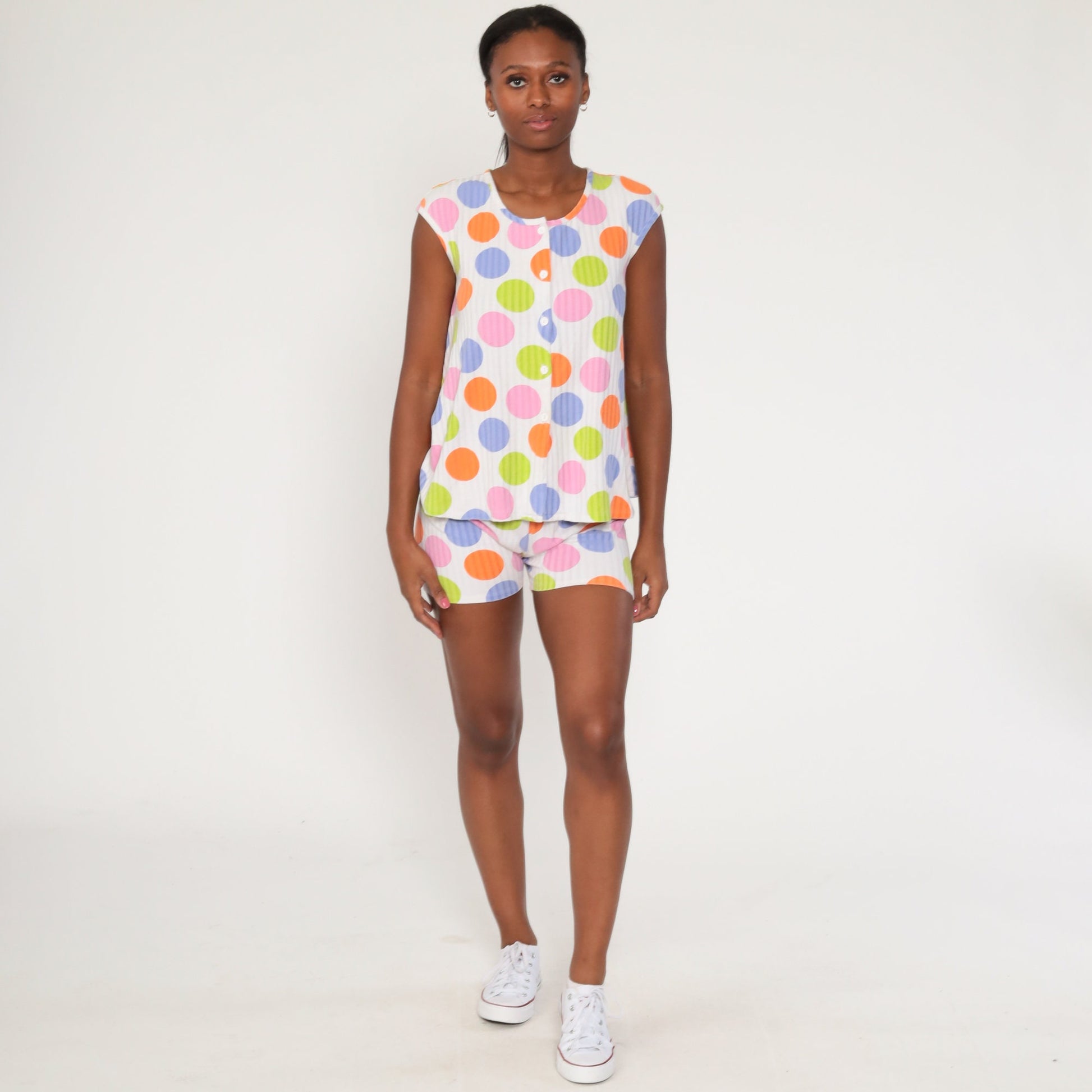 80s Polka Dot Two Piece Romper Set Button Up Blouse Shorts Small