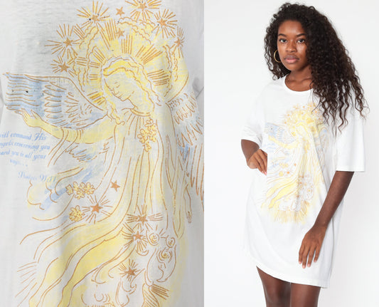 80s Angel Psalm 91:11 Christian T Shirt Dress White Cotton Mini