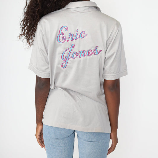 70s Eric Jones Embroidered Uniform Bowling Shirt Grey Small