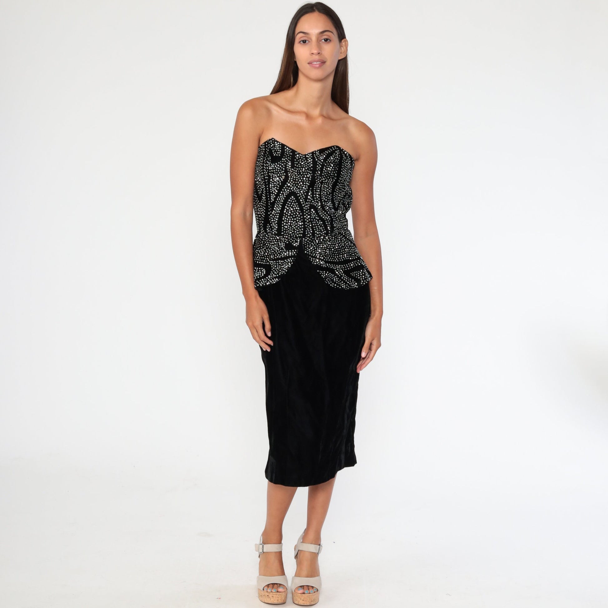 80s Black Velvet Strapless Mini Dress Sweetheart Neckline Rhinestone Extra Small