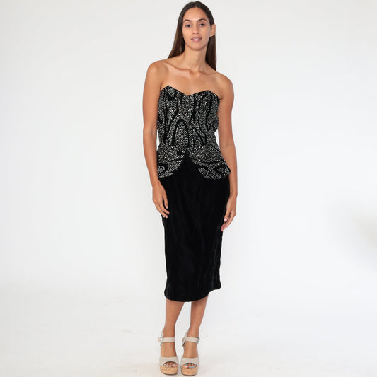 80s Black Velvet Strapless Mini Dress Sweetheart Neckline Rhinestone Extra Small