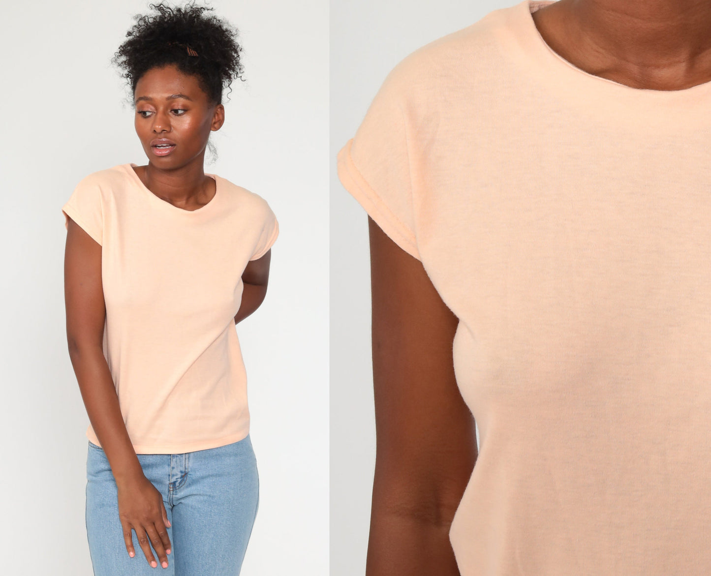 80s Peach Cap Sleeve T-Shirt Plain Cotton Tee Women's Medium
