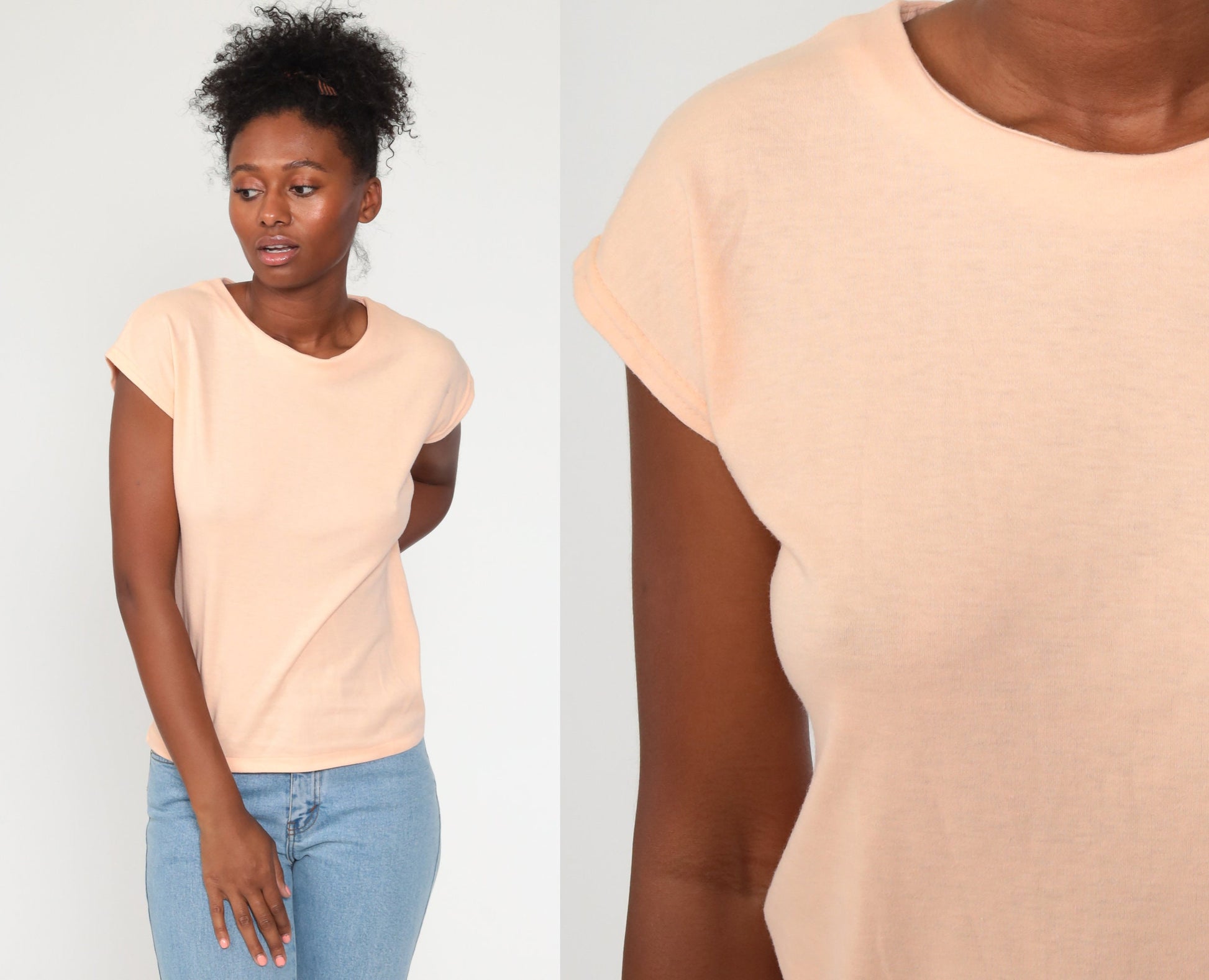 80s Peach Cap Sleeve T-Shirt Plain Cotton Tee Women's Medium