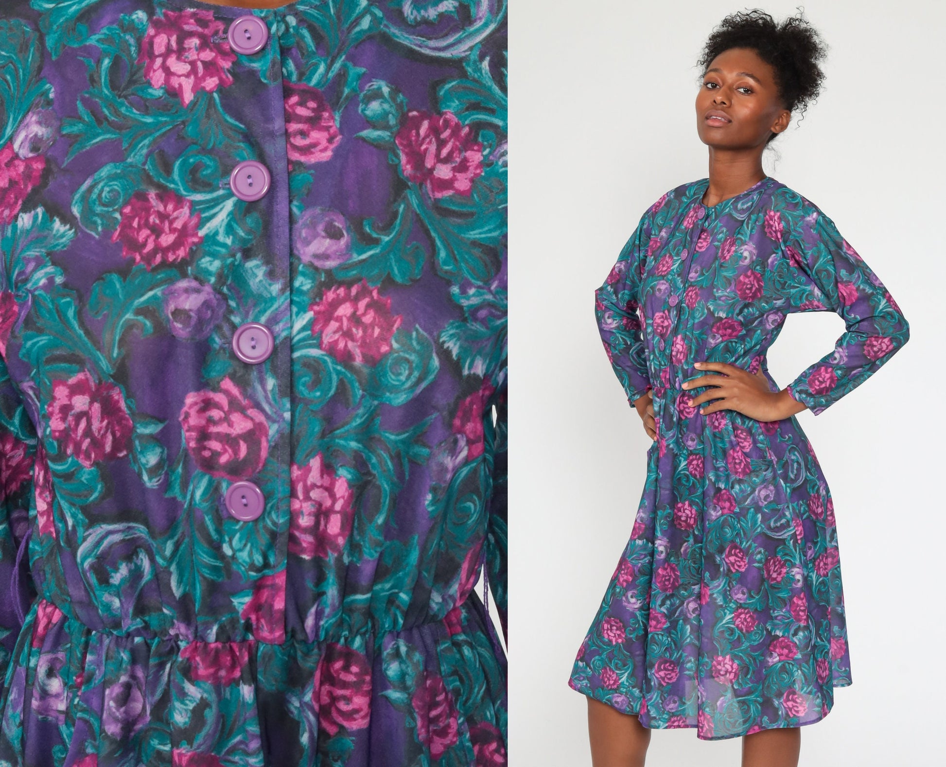 1970s Purple Floral Midi Dress High Waist Long Sleeve Button Front Medium