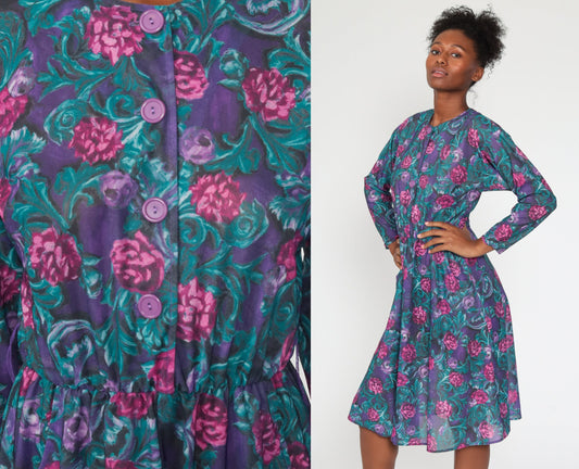 1970s Purple Floral Midi Dress High Waist Long Sleeve Button Front Medium